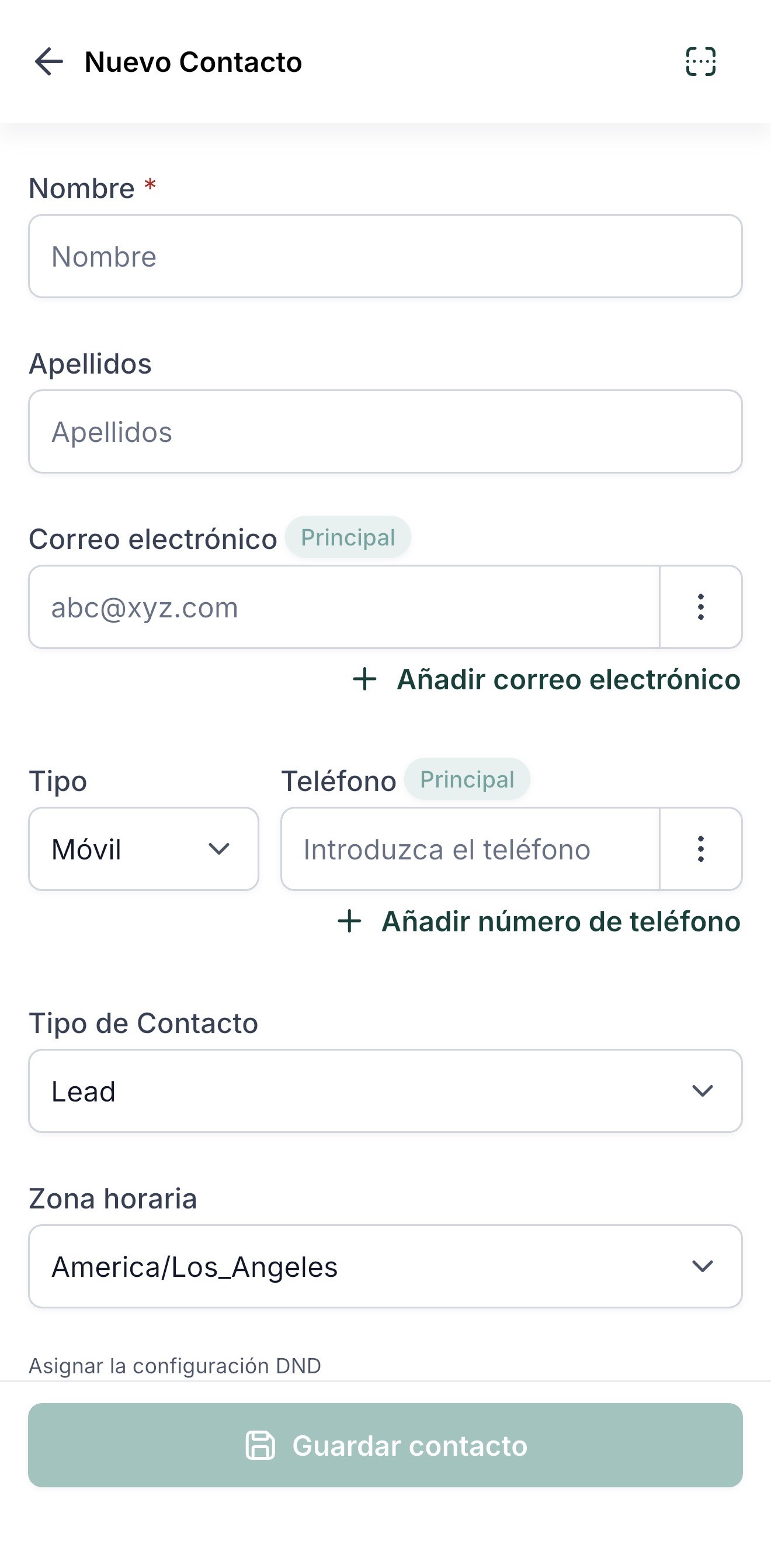 El formulario de Nuevo Contacto