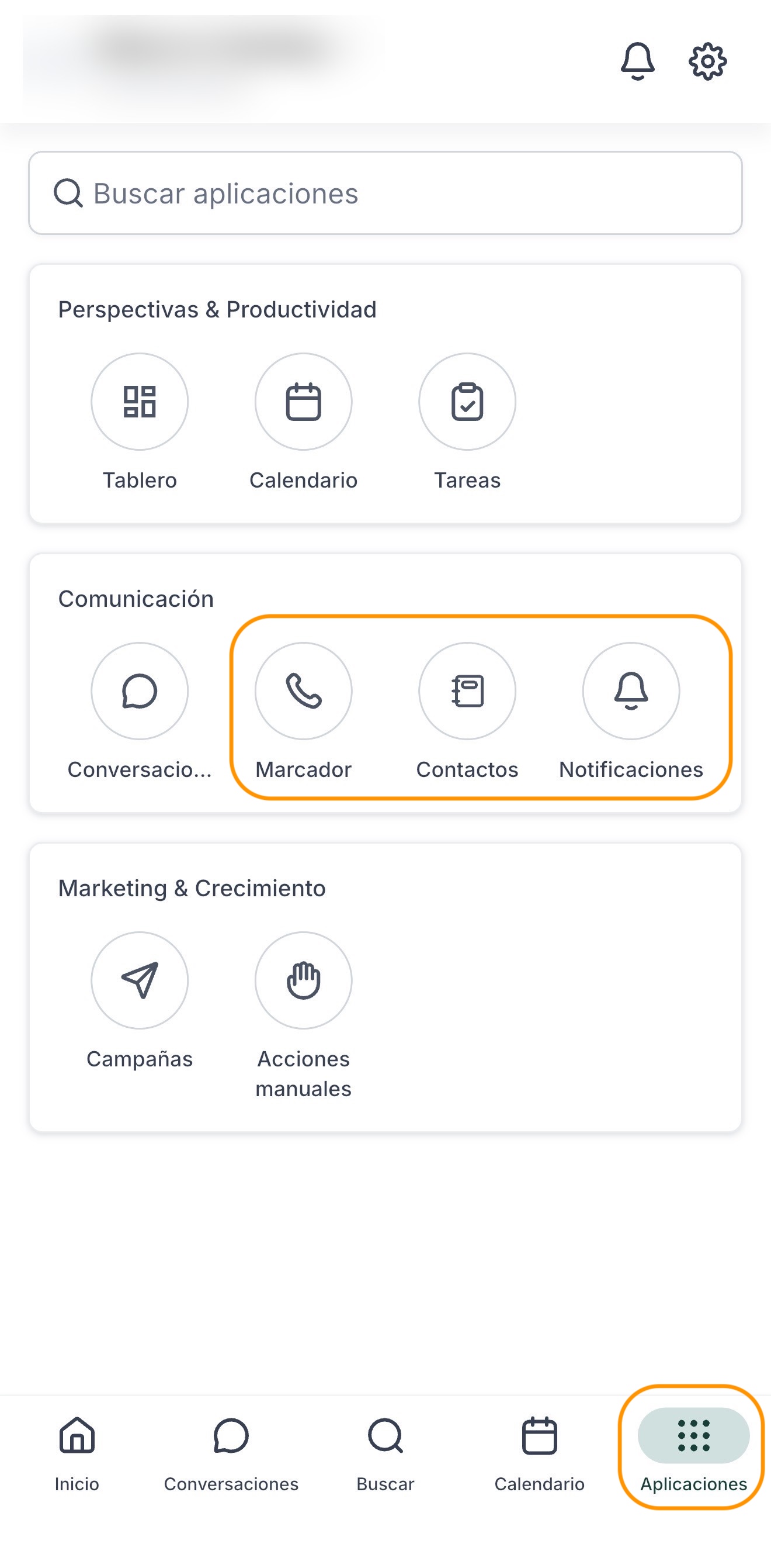 El menú de Apps con Marcador, Contactos y Notificaciones marcados