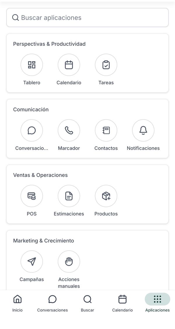 La pantalla Aplicaciones de la app con los botones POS, Estimaciones y Productos