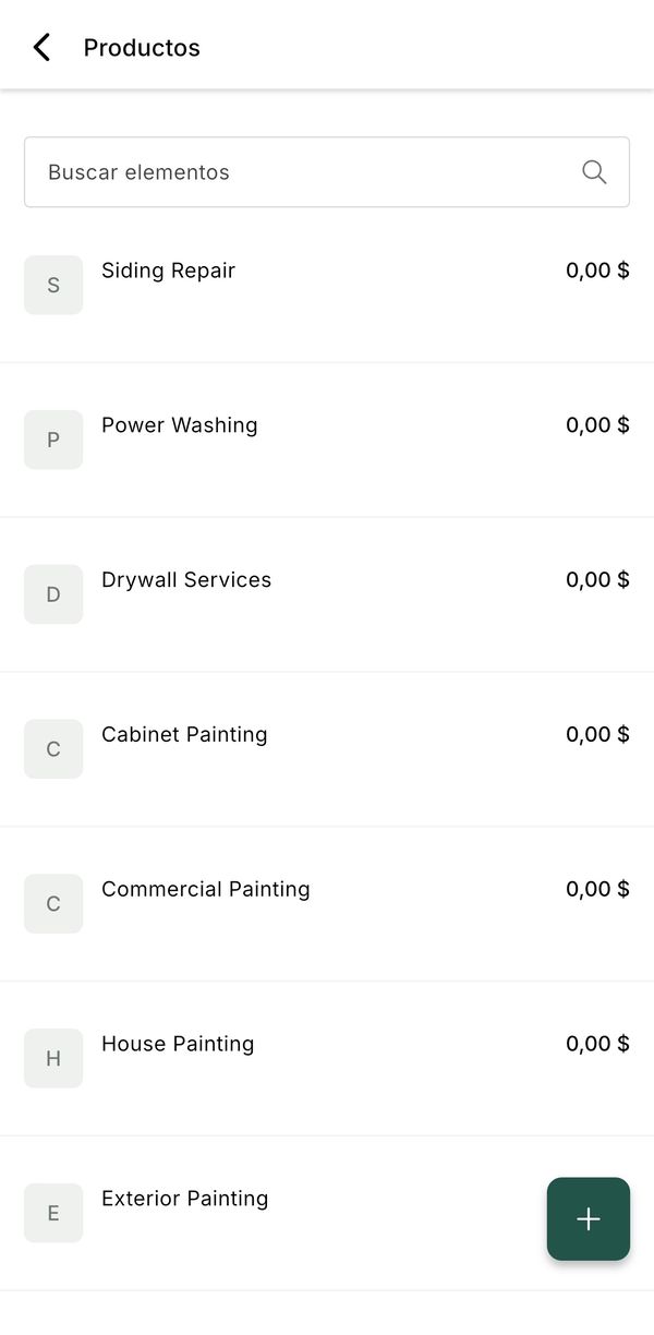 La lista de Productos de la app con los servicios cargados