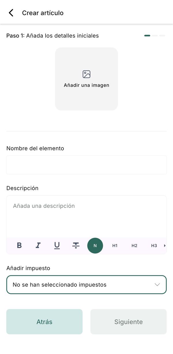 Crear artículo, paso 1: nombre del elemento, descripción e impuesto