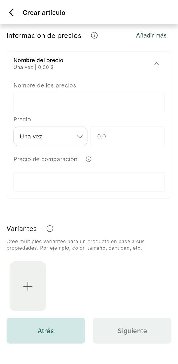 Crear artículo, paso 2: nombre del precio, una vez, precio