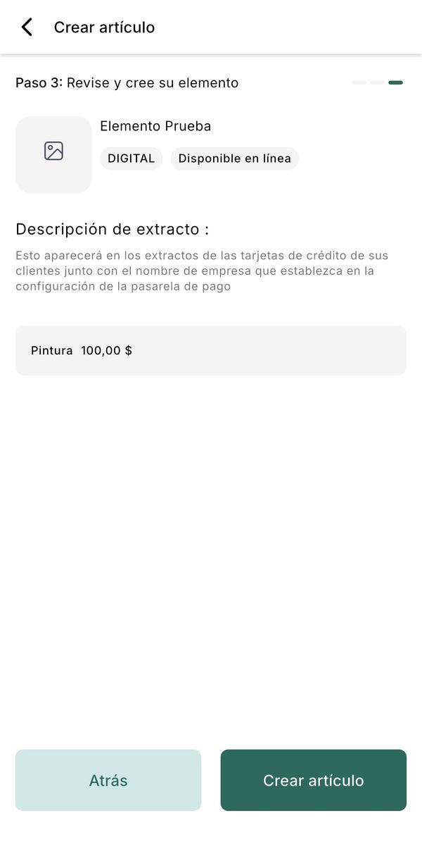 Crear artículo, paso 3: revisar y crear