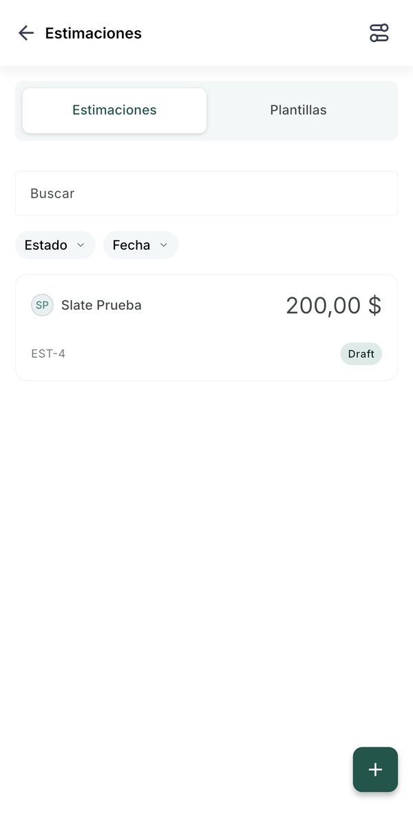 La lista de Estimaciones con un presupuesto en borrador y el botón más