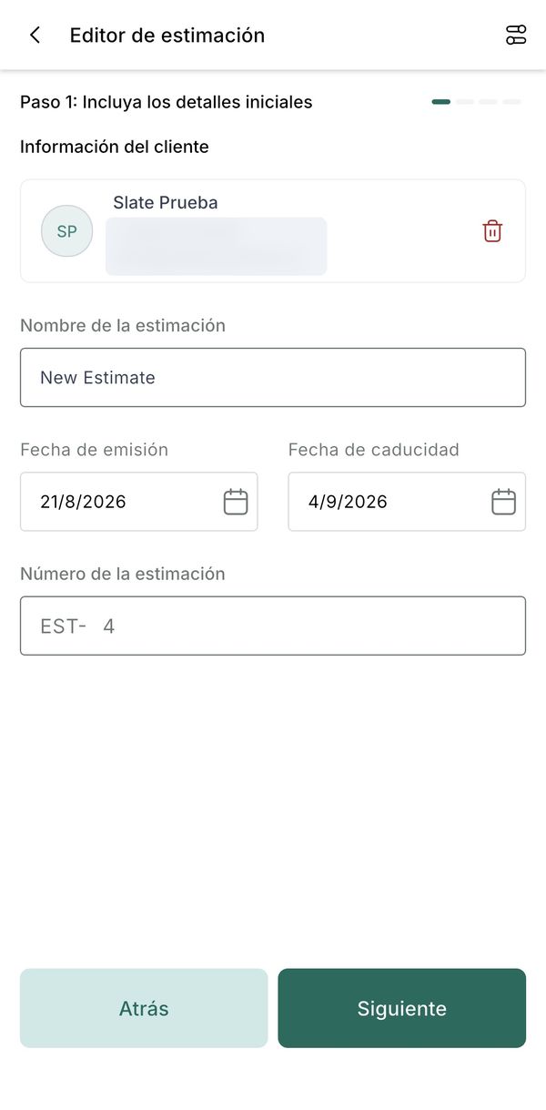 Paso 1 del presupuesto: cliente, nombre, fechas y número