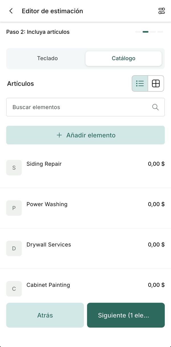 Paso 2 del presupuesto, pestaña Catálogo, con la lista de productos para elegir