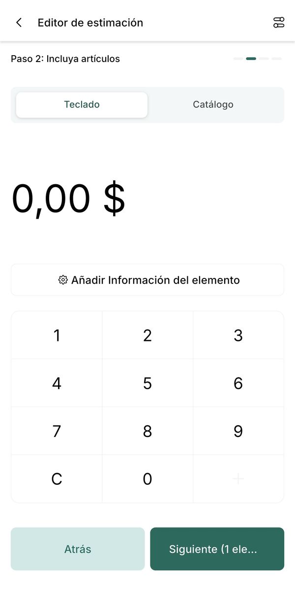 Paso 2 del presupuesto, pestaña Teclado, con el monto en cero