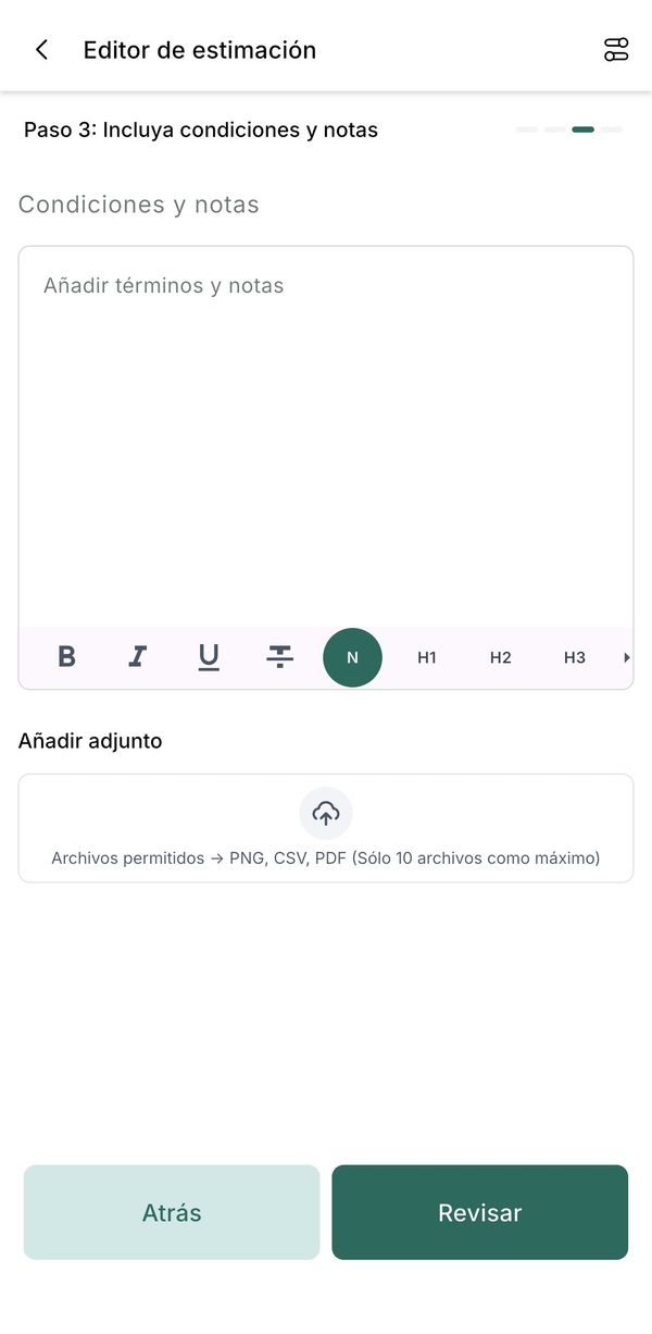 Paso 3 del presupuesto: condiciones y notas, y adjuntos