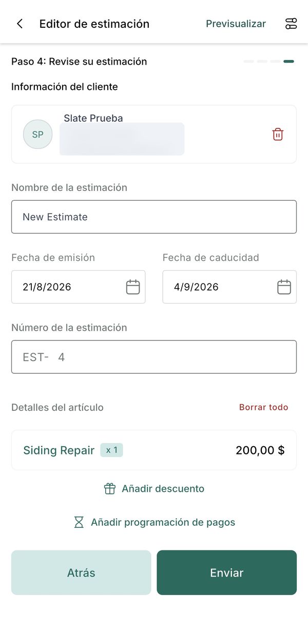 Paso 4 del presupuesto: revisar las líneas antes de enviar