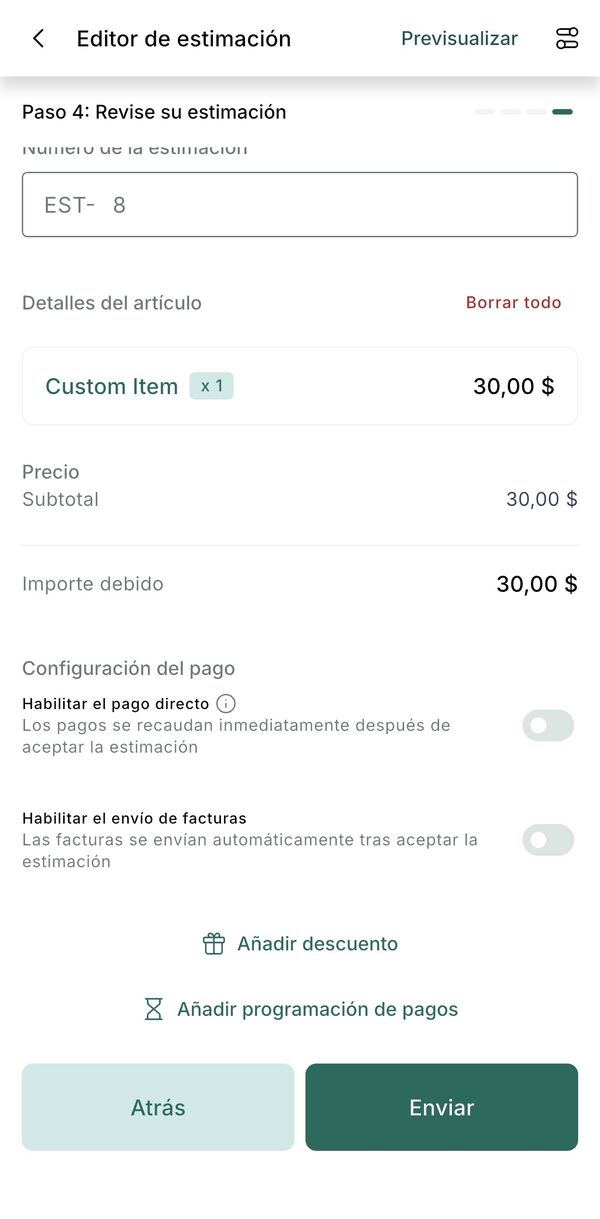 Paso 4 del presupuesto: configuración del pago con los dos interruptores apagados