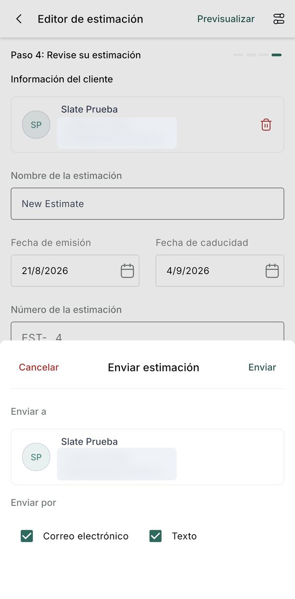 La pantalla Enviar estimación con las opciones correo electrónico y texto