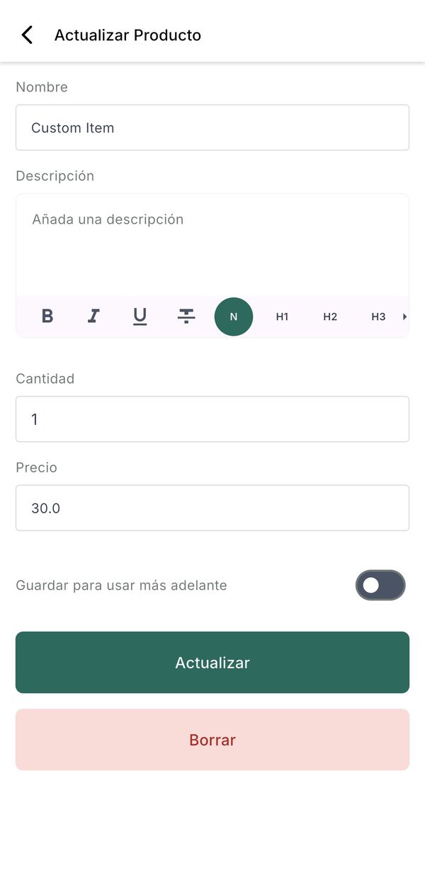 La pantalla Actualizar Producto con nombre, cantidad, precio y el interruptor Guardar para usar más adelante