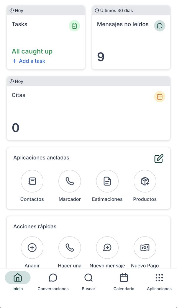 La pantalla de inicio de la app con Estimaciones y Productos ancladas