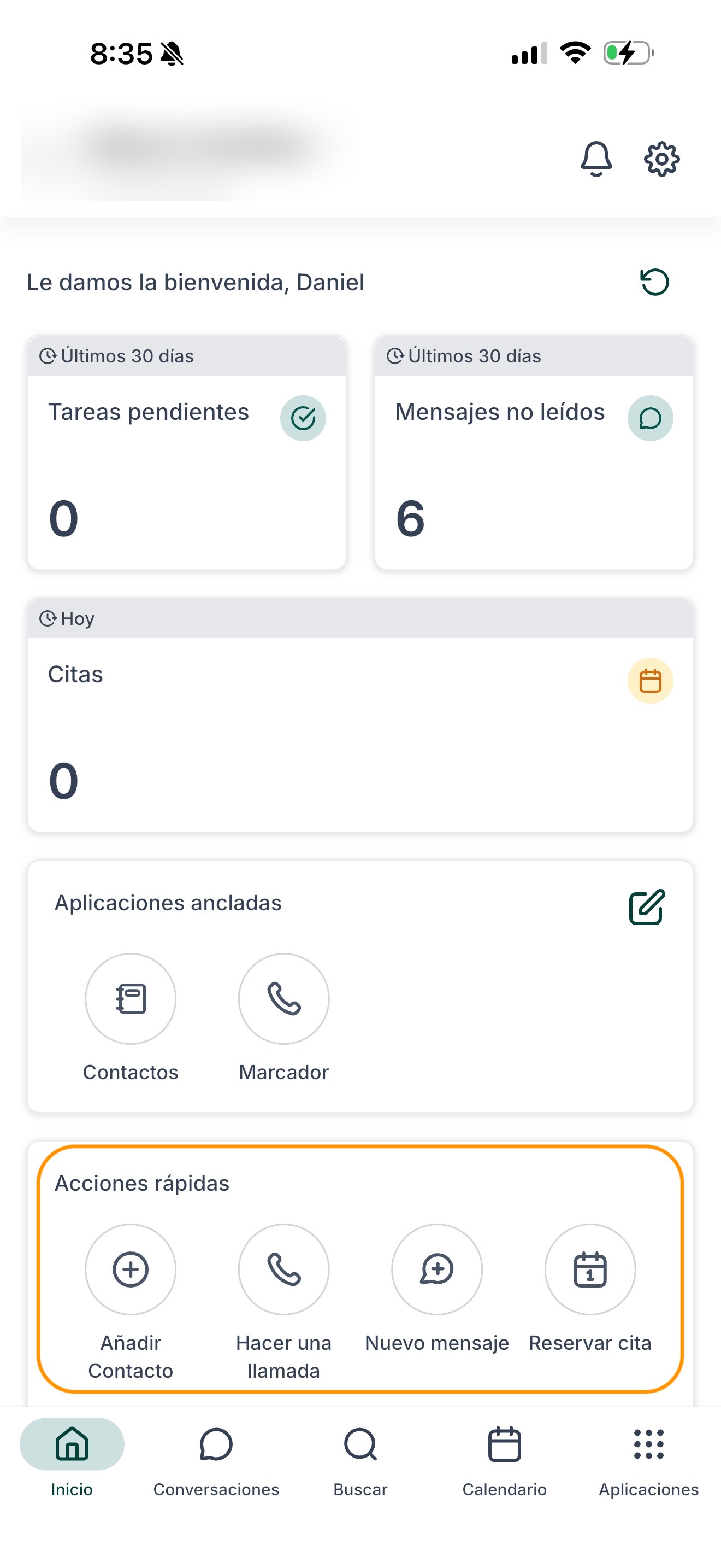 La pantalla de inicio de la app con Hacer una Llamada y Nuevo Mensaje marcados