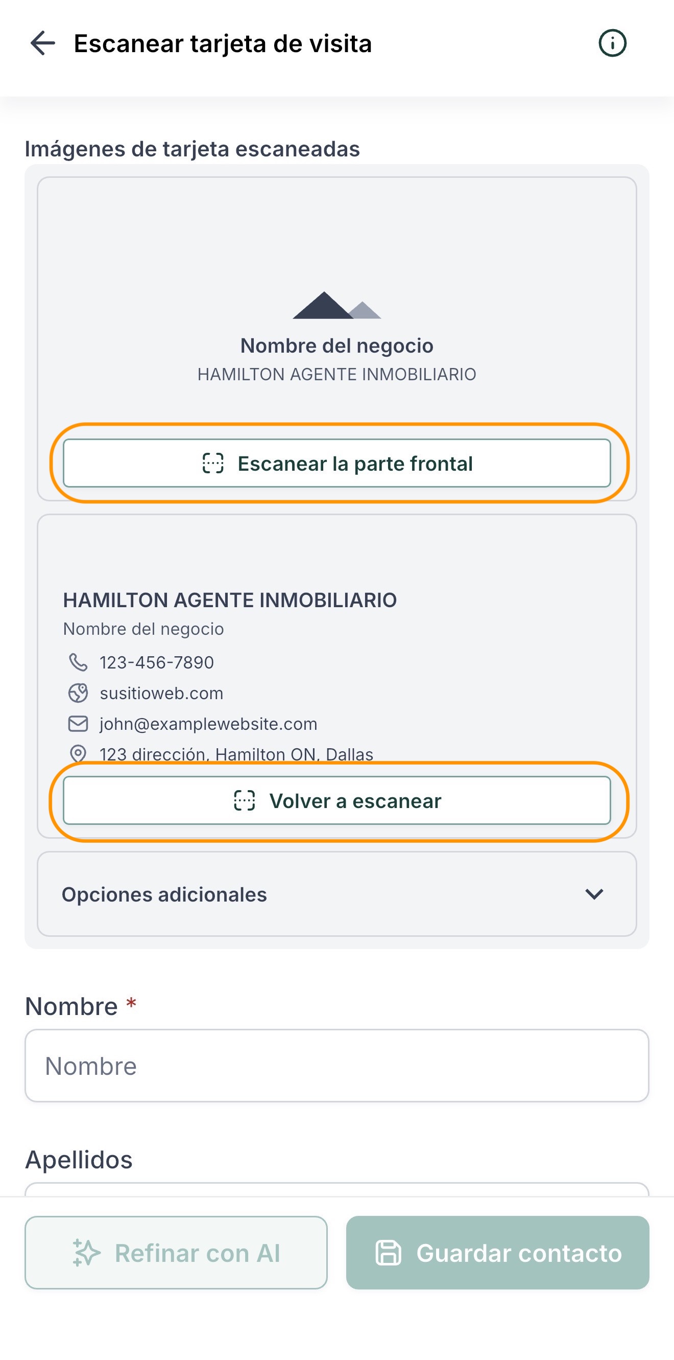 La pantalla para escanear una tarjeta de presentación