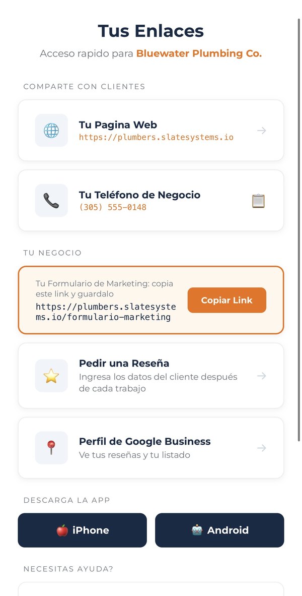 La página Mis Enlaces con los botones de Tu Página Web, Tu Teléfono, Pedir una Reseña, Perfil de Google y Descargar la App